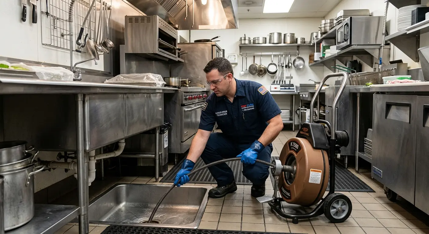 Commercial drain cleaning service in a restaurant kitchen in Centreville