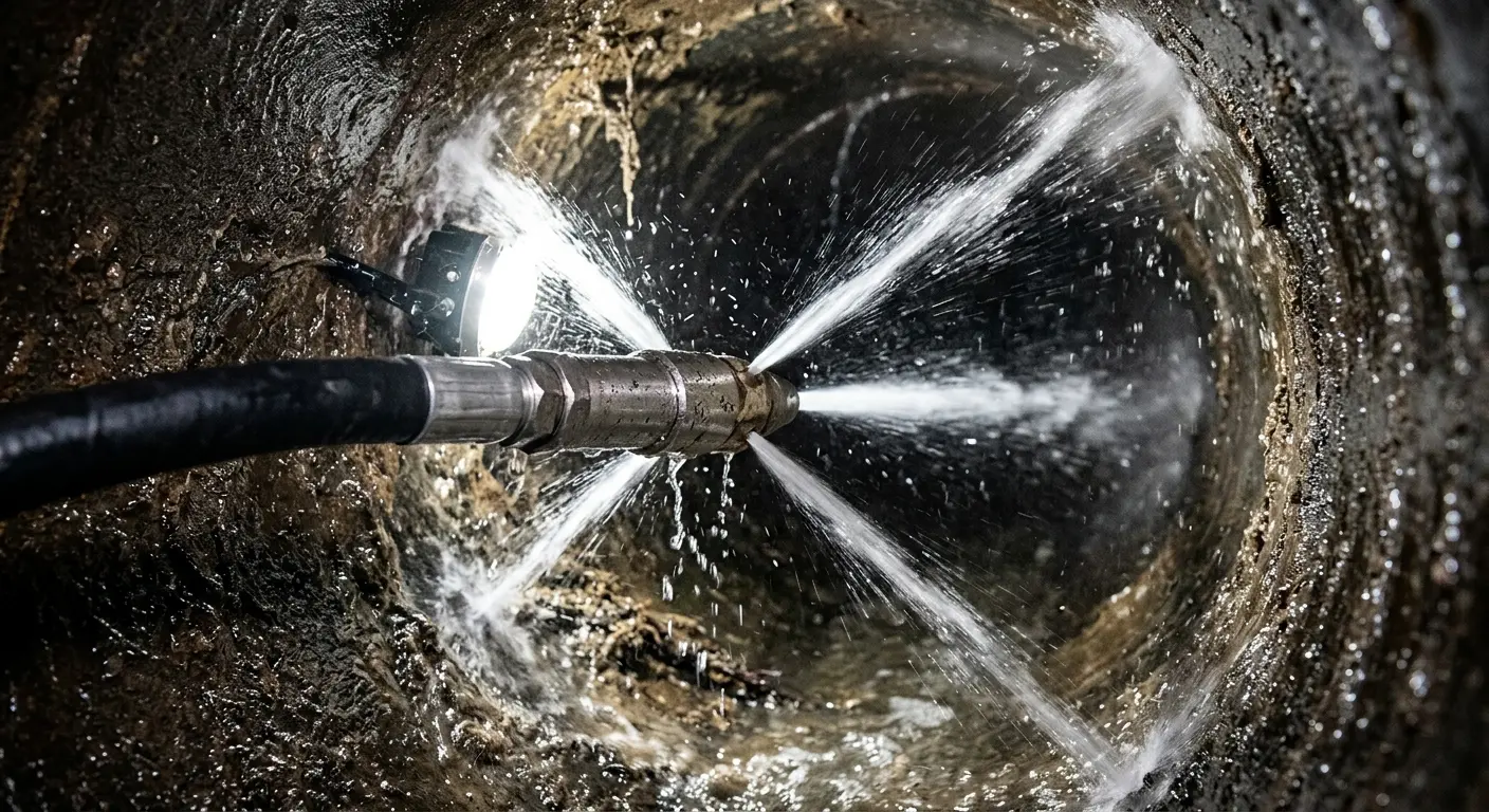 High-pressure hydro jetting nozzle cleaning sewer pipe for Emergency Drain Service in Centreville