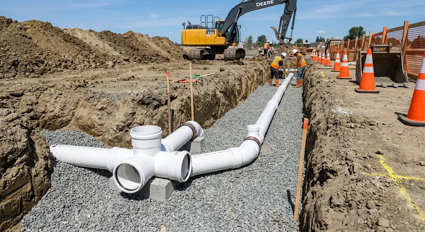 New PVC sewer pipe installation in open trench for Sewer Backup in Centreville