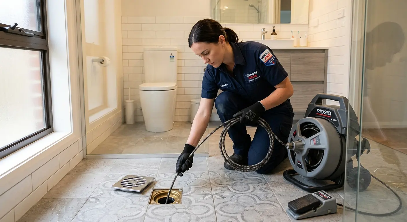 Technician clearing a bathroom floor drain for Drain Cleaning in Centreville
